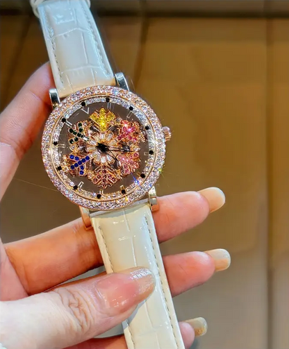 Luxurious Women’s Quartz Watch with Rhinestone Snowflake Dial